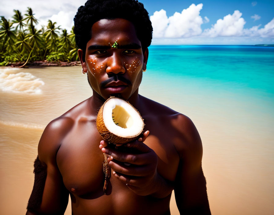 Person with decorative facial paint holding a coconut on tropical beach with palm trees.
