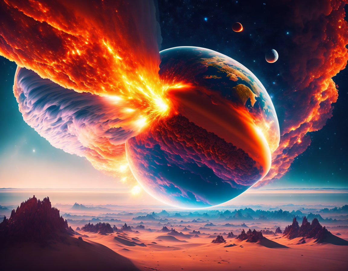 Sci-fi landscape with colossal planetary explosion in desert under starry sky
