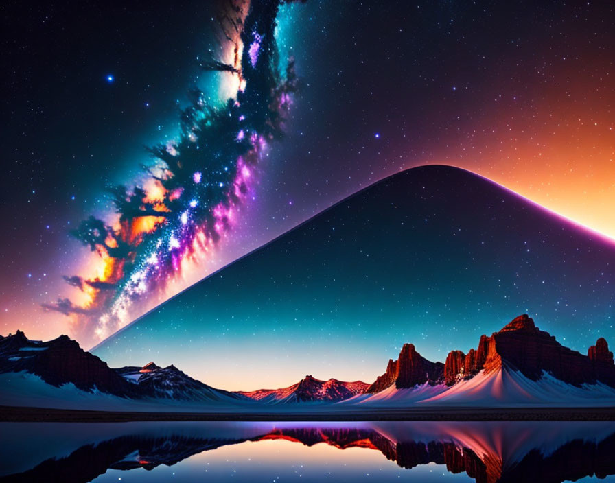 Majestic mountains under vibrant star-filled sky with aurora reflected in tranquil lake
