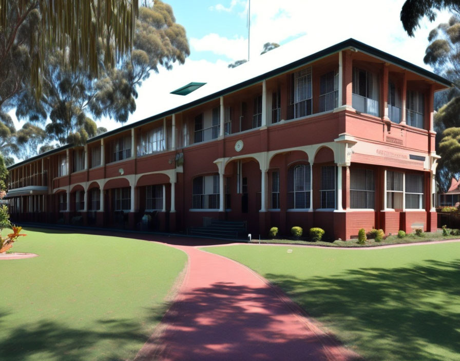 Two-story brick building with red-tile roof and arches set in green lawns under blue sky