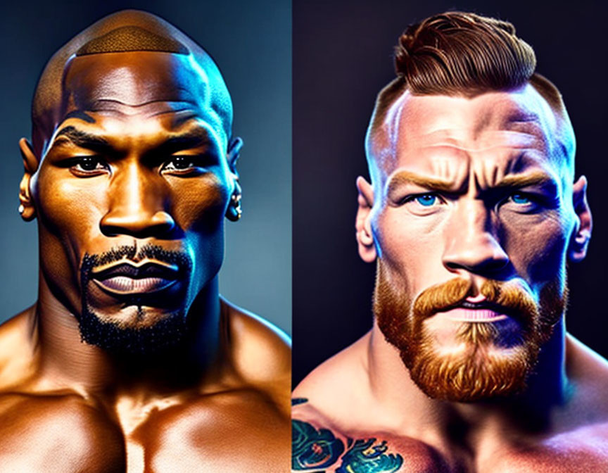 Intense expressions of two men with unique appearances in vibrant colors