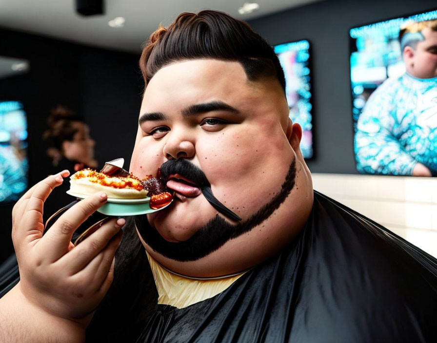 Person with stylized mustache and pompadour hairstyle holding a hotdog with toppings near mouth