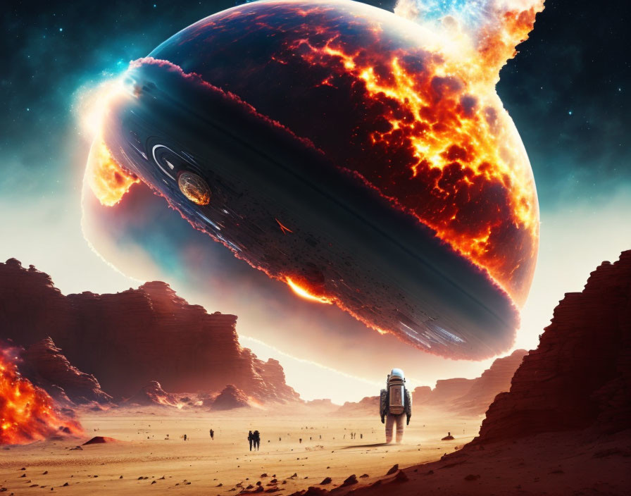 Astronaut witnessing colossal planets near fiery alien landscape