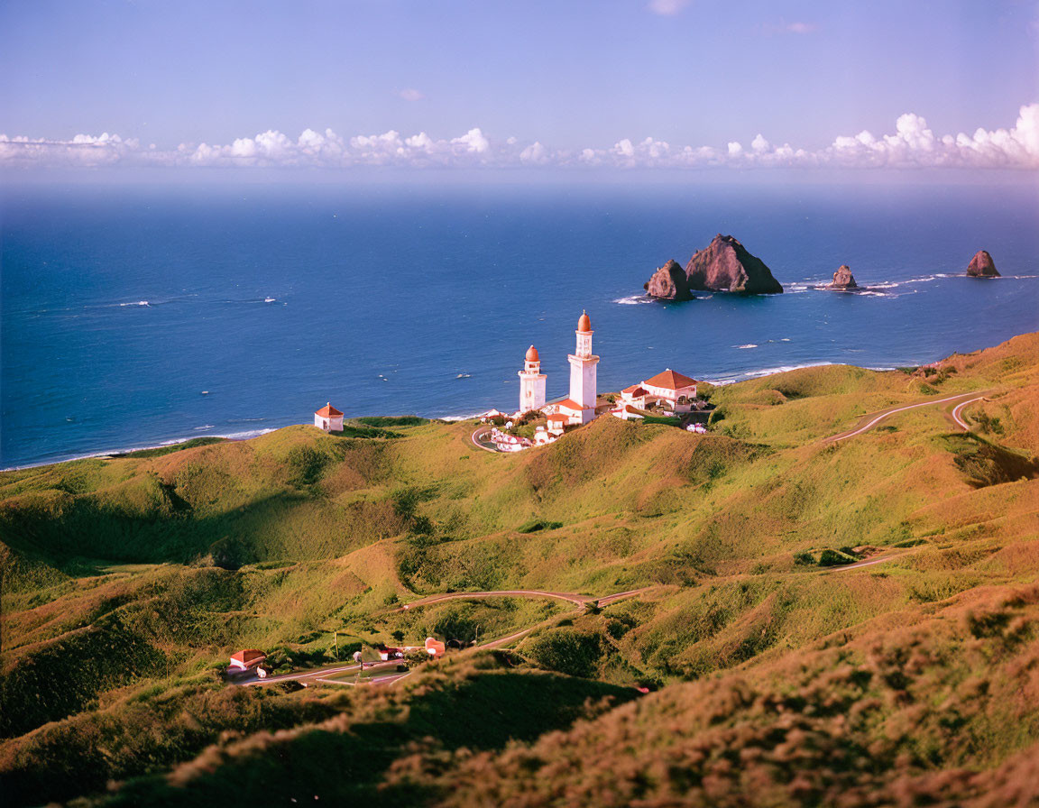 Scenic coastal landscape with church, hills, winding road, ocean, and rocky islets