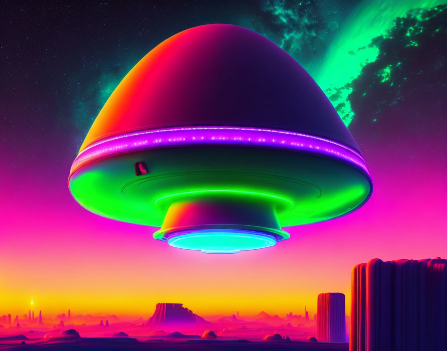 Neon-lit UFO over alien landscape with rock formations