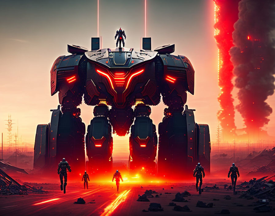 Giant robot with person in dystopian landscape surrounded by soldiers and smoke.