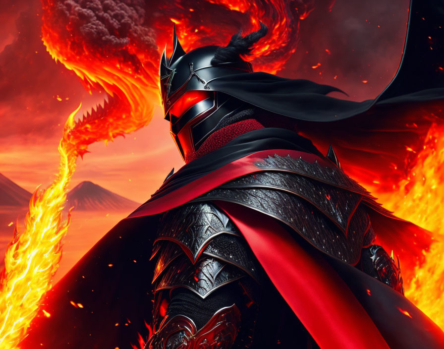 Warrior in black armor and red cape against erupting volcanoes