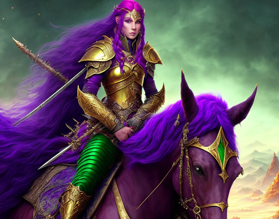 Female warrior in golden armor on purple horse under green sky