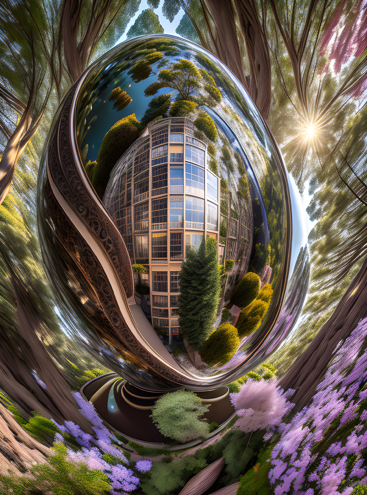 Surreal spherical panorama with reflective bubble building and inverted landscape