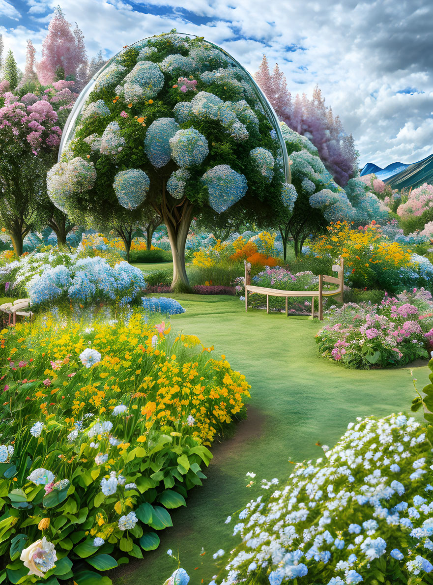 Lush garden with trees, flowers, winding path, and spherical structure under blue sky