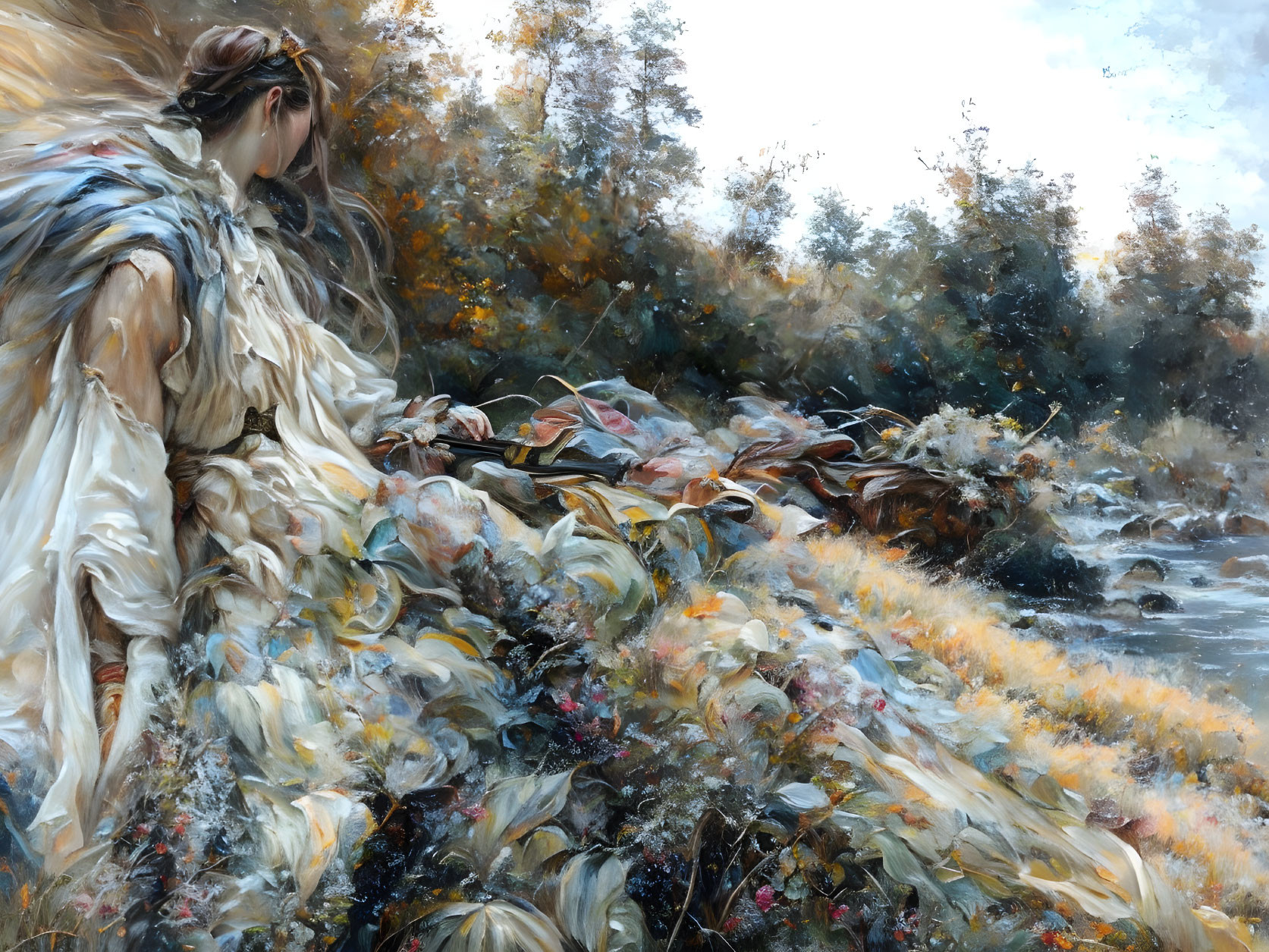 Historically dressed woman by river and lush foliage