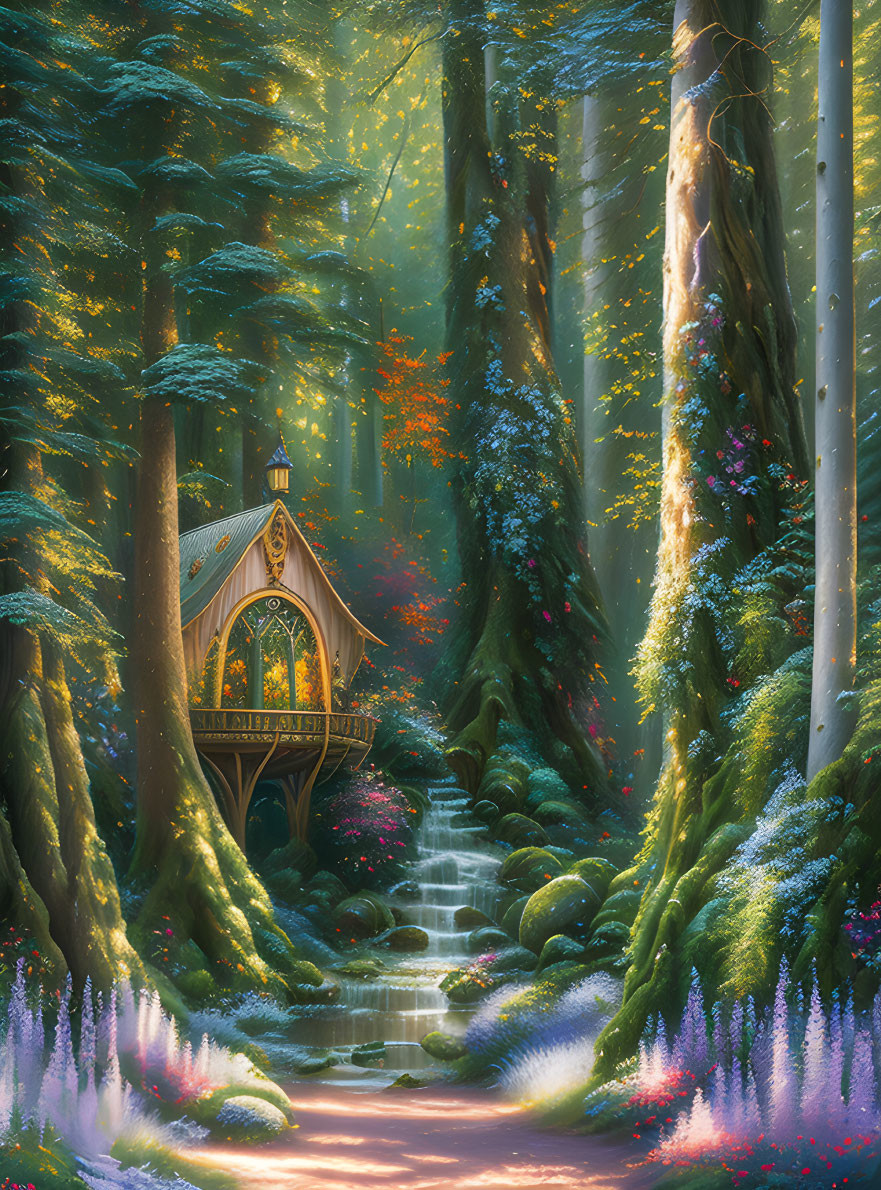 Enchanted forest with sunlight, wooden house, stream & vibrant flora