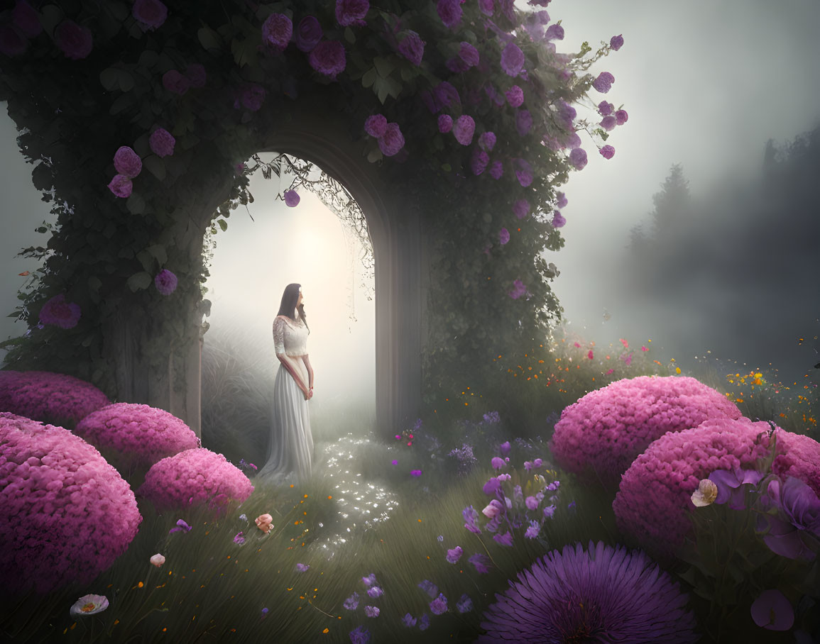 Woman in misty garden with lush flowers and purple arch.