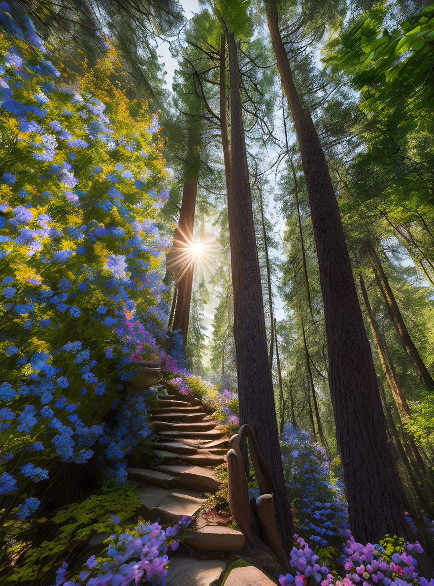 Towering redwoods and colorful flowers in lush forest scene