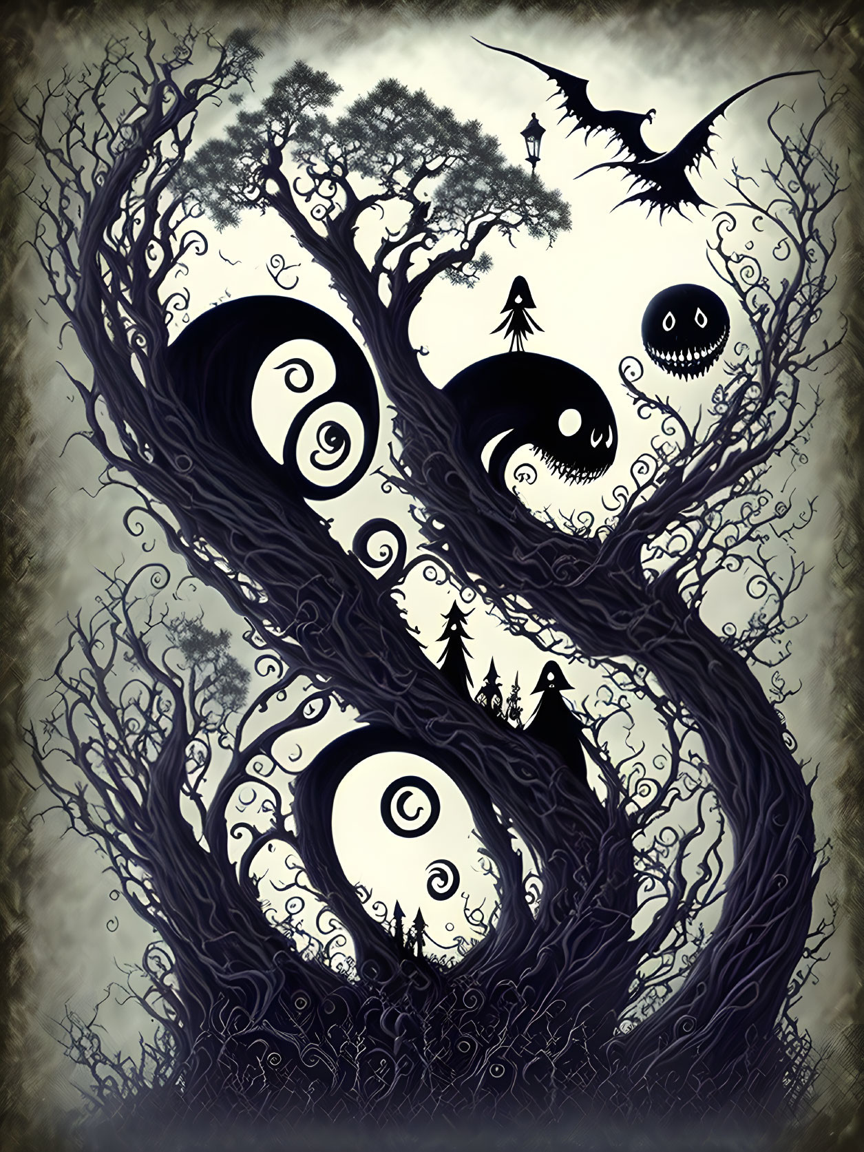 Monochrome forest with spiral-patterned trees and flying dragon