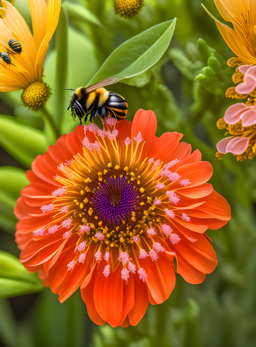 Vibrant orange flower with bumblebee and greenery