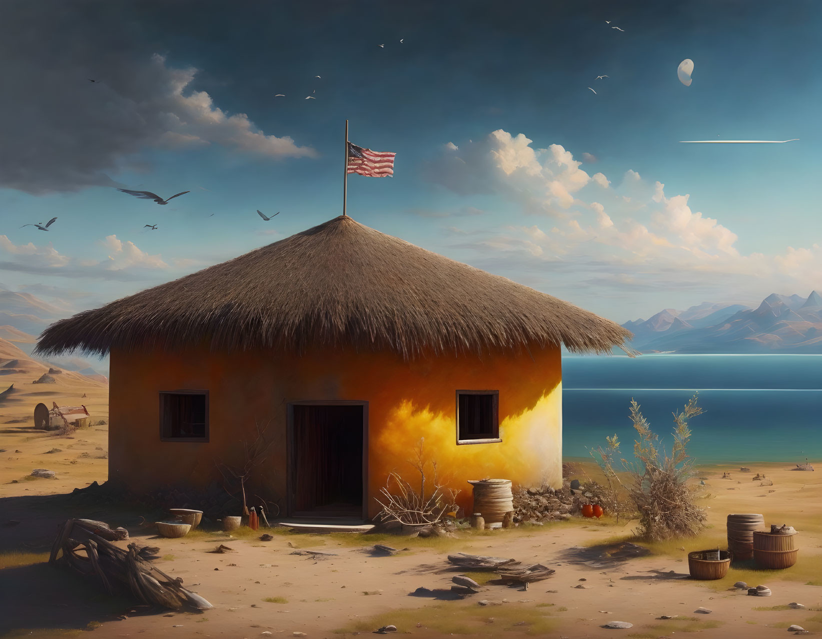 Thatched-Roof Hut with American Flag by Serene Lake