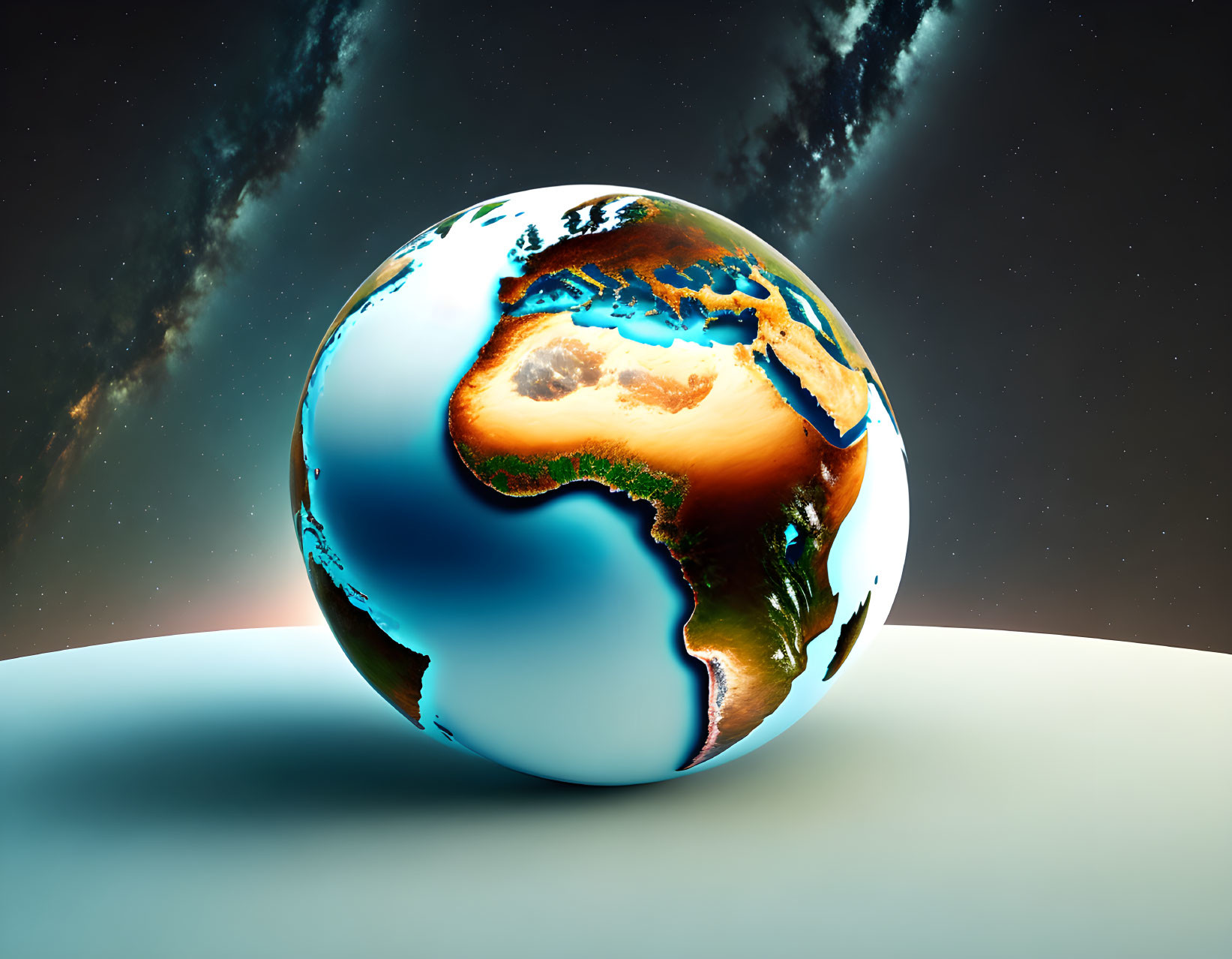 Digital illustration: Earth from space with Atlantic Ocean, Africa, South America, cosmic backdrop