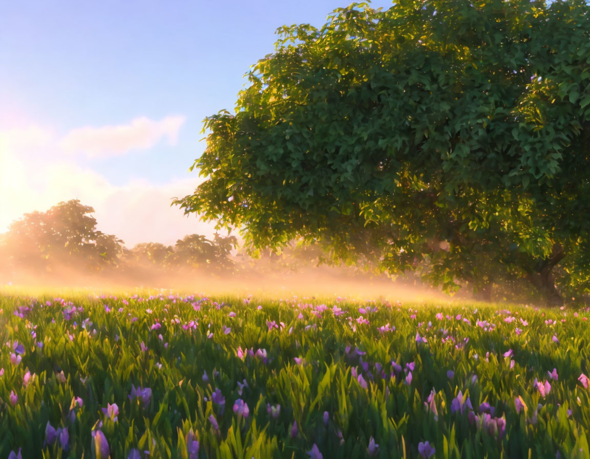 Tranquil meadow with purple flowers, green trees, and golden sunrise