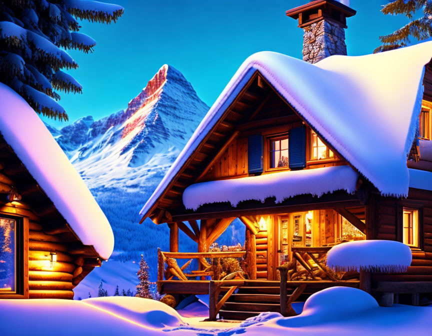 Twilight snow-covered log cabins against snowy mountains