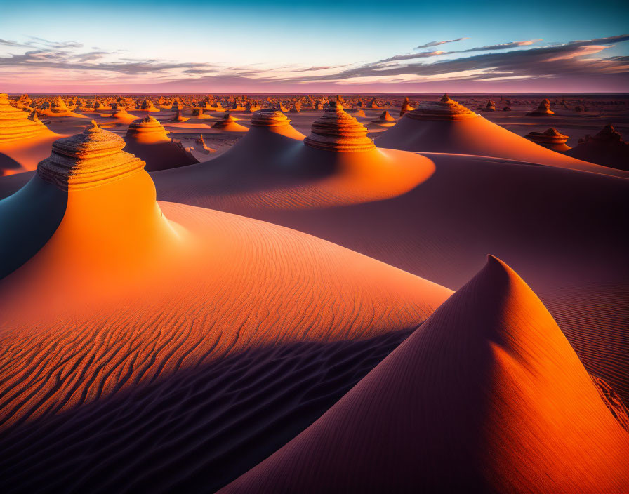 Smooth sand dunes and rock formations in desert landscape at sunrise or sunset