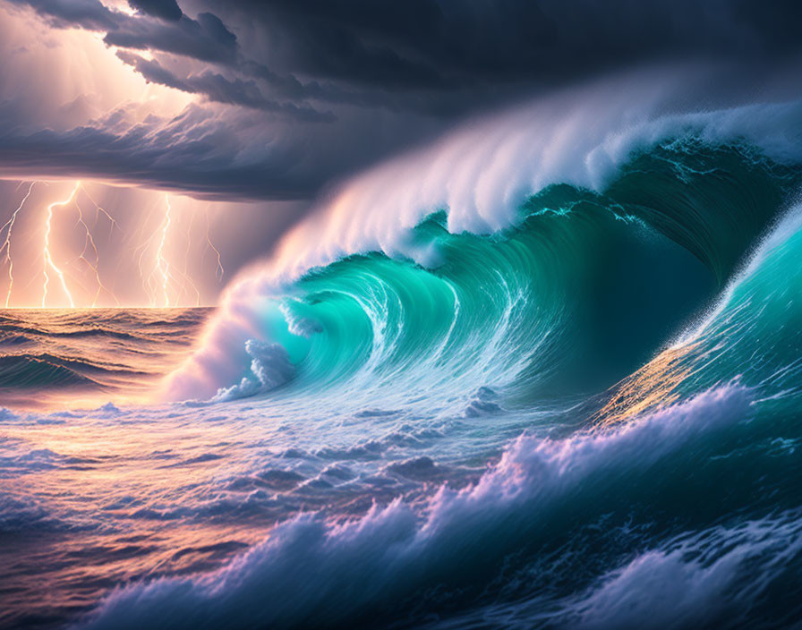 Turquoise Wave Curling Under Stormy Sky