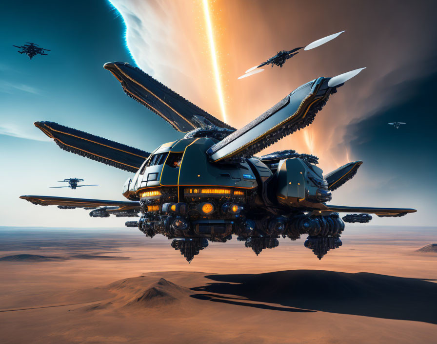 Futuristic spacecraft with ornate wings in desert landscape