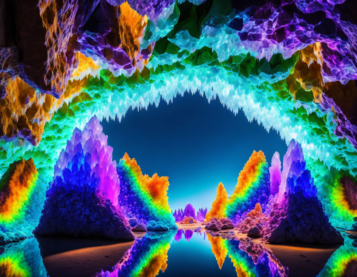 Colorful Cave with Neon-Lit Crystal Formations and Tranquil Water