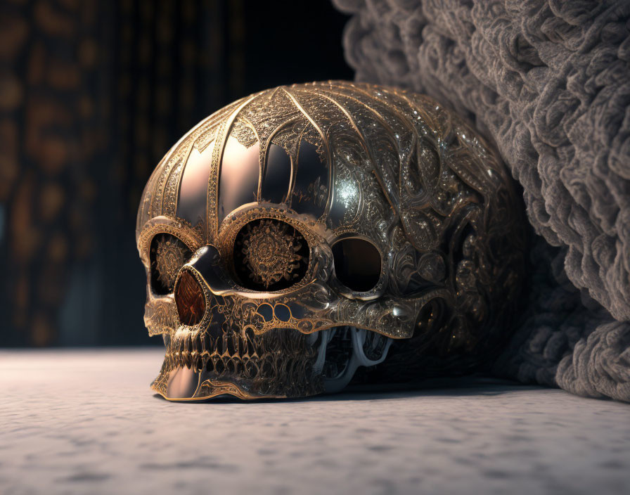 Intricate Metallic Skull on Textured Surface