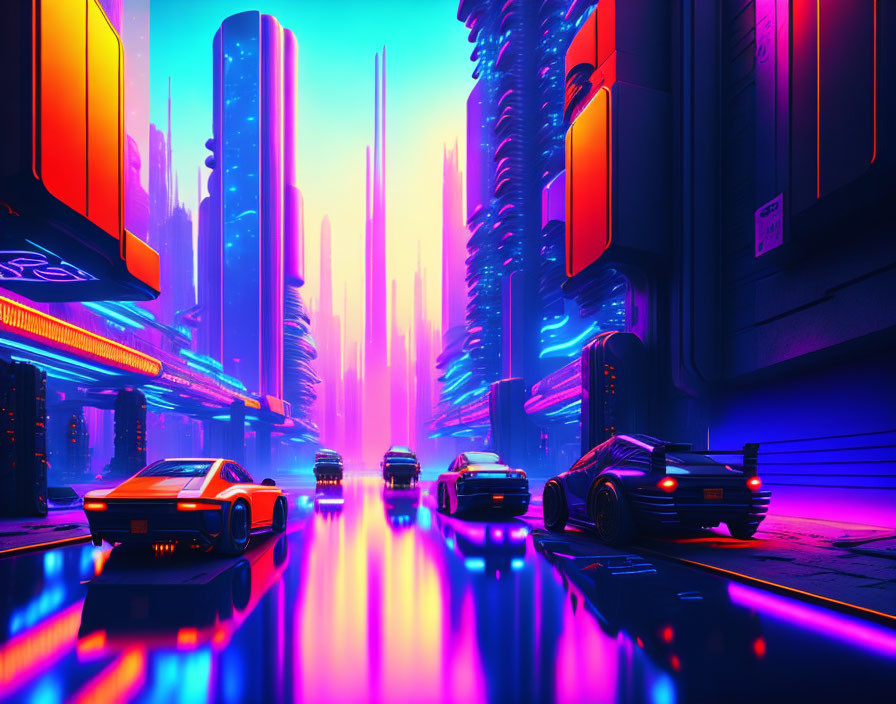 Futuristic cityscape with neon lights, reflective streets, parked cars at dusk