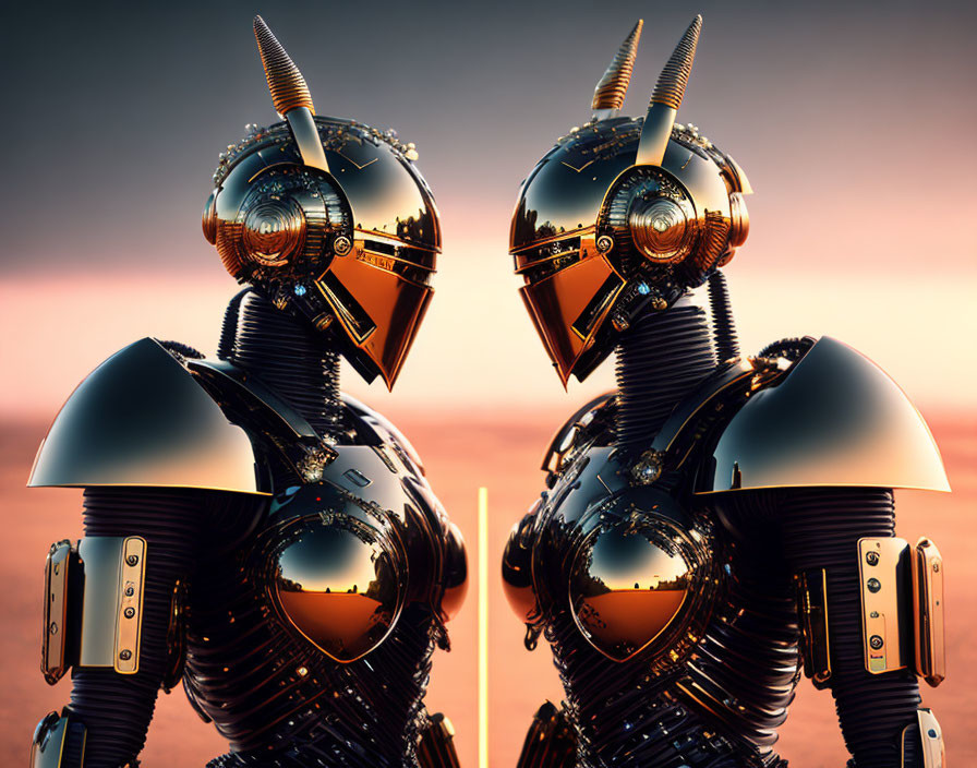 Futuristic black and gold armored robots in knight style against warm background