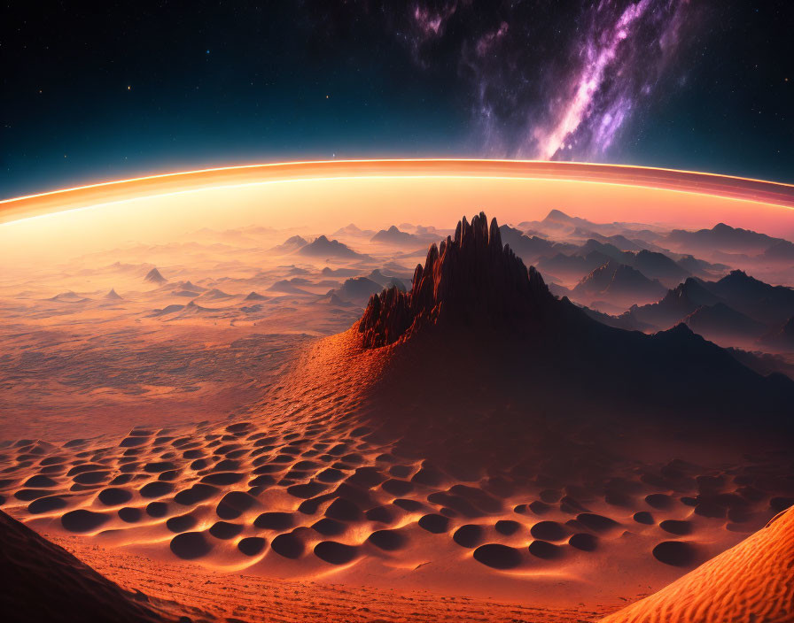 Surreal landscape with sandy dunes, rugged mountains, and cosmic sky