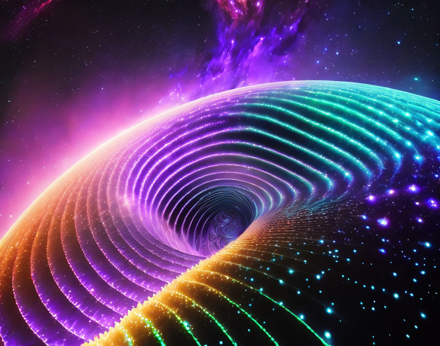 Colorful cosmic wormhole illustration in purple and pink space.