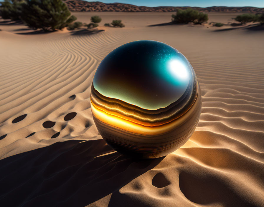 Spherical reflective object in desert with cosmic scene