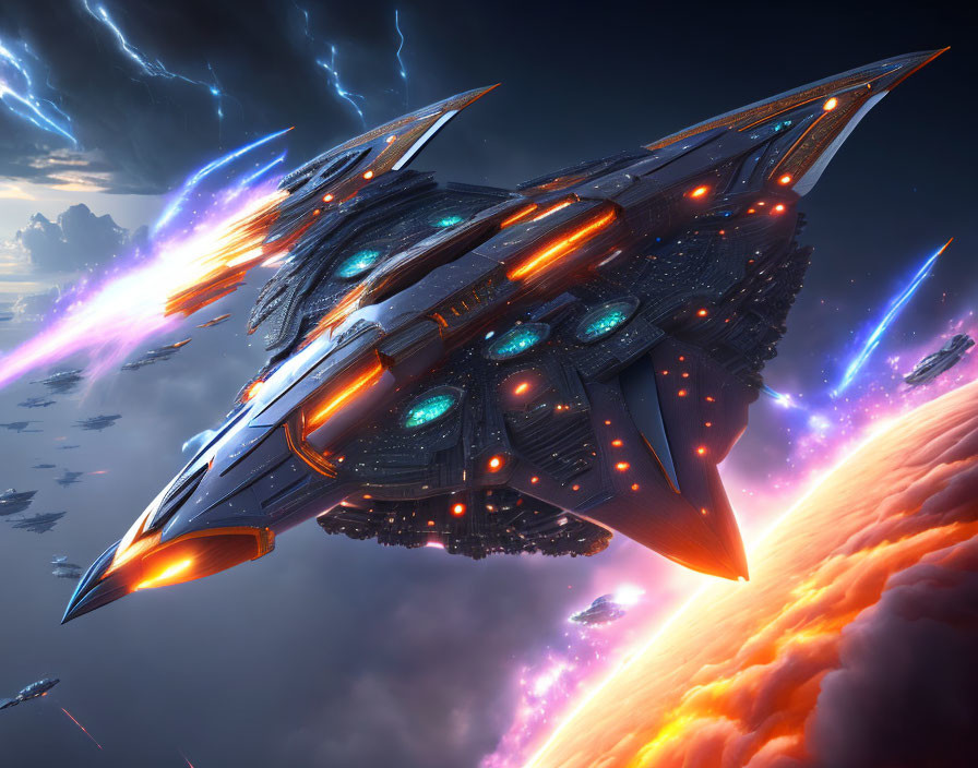 Futuristic spaceship with blue engines in stormy sky