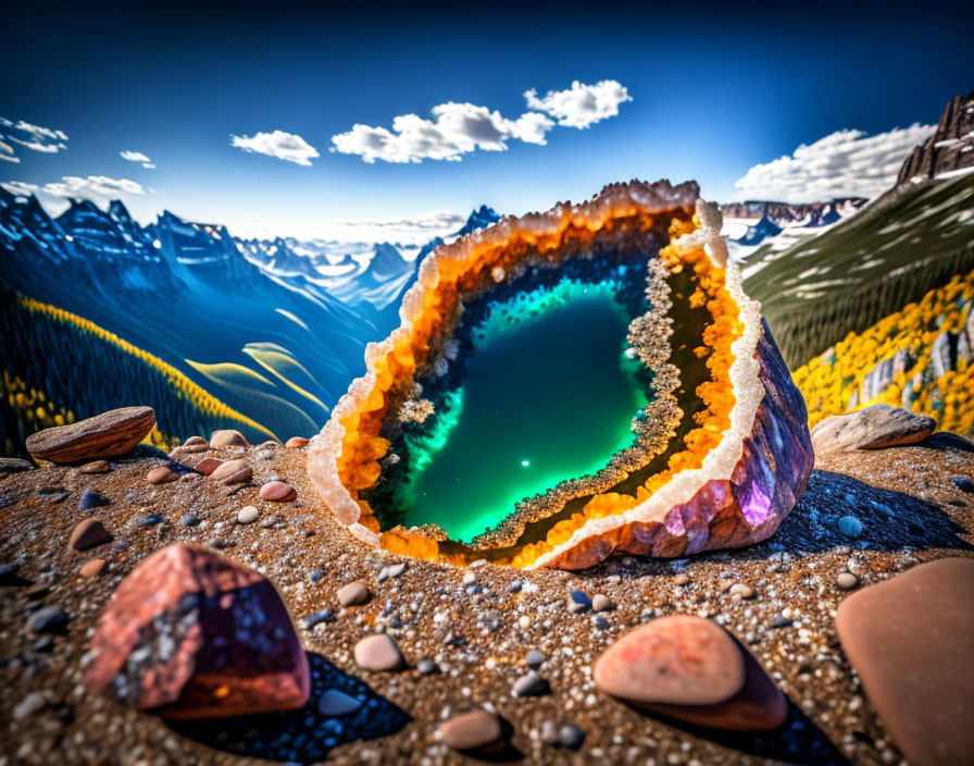 Colorful geode on rocky surface with crystal-lined cavity & mountainous landscape view