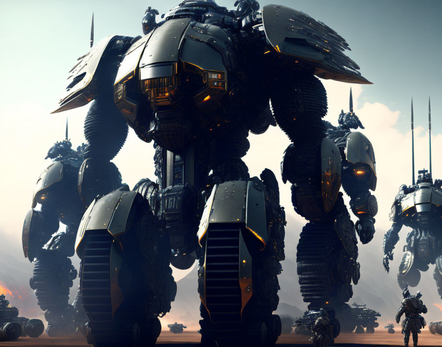 Armored robotic mechs in sunlit landscape showcase futuristic warfare dominance