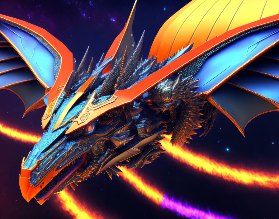 Colorful Digital Artwork: Mechanical Dragon Soaring in Cosmic Space