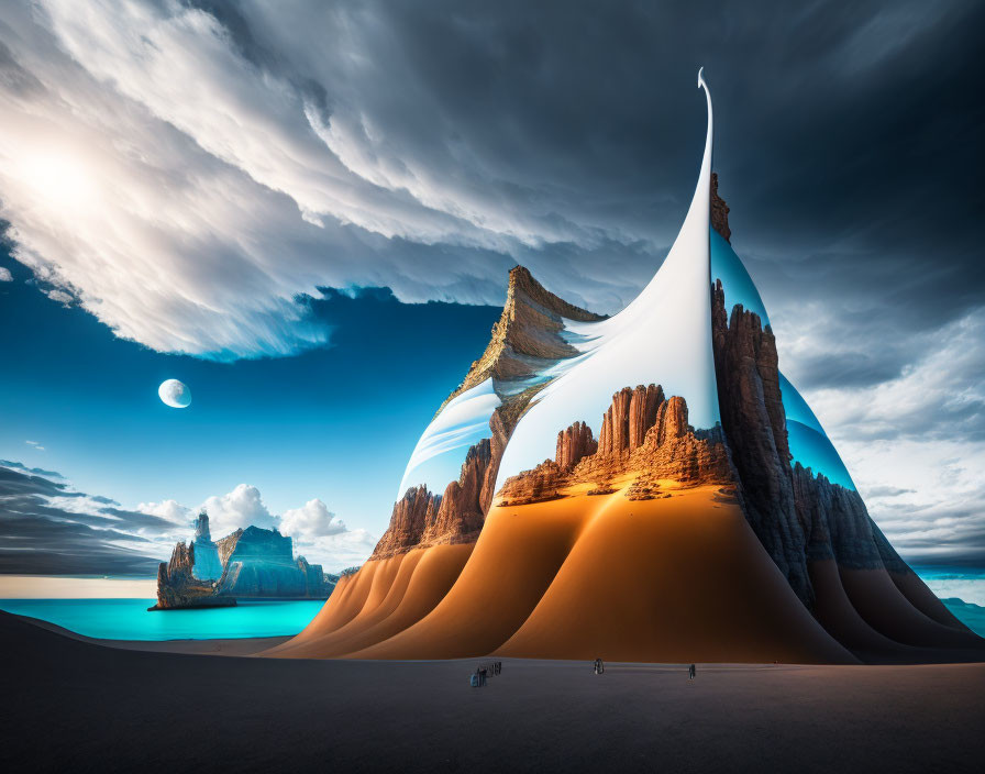 Surreal desert landscape with sand dunes, rock formations, humans, reflective surface, and whims