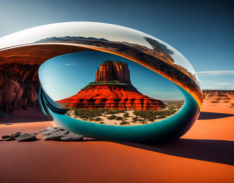 Shiny Möbius Strip Structure in Desert Landscape