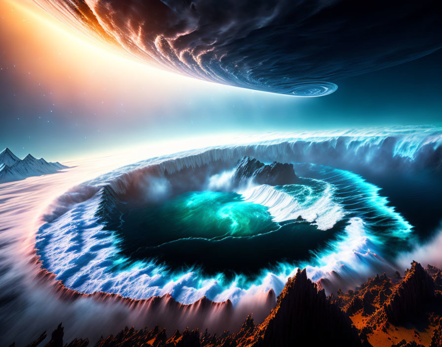 Surreal landscape with giant spiral galaxy, luminous water crater, and twilight mountains