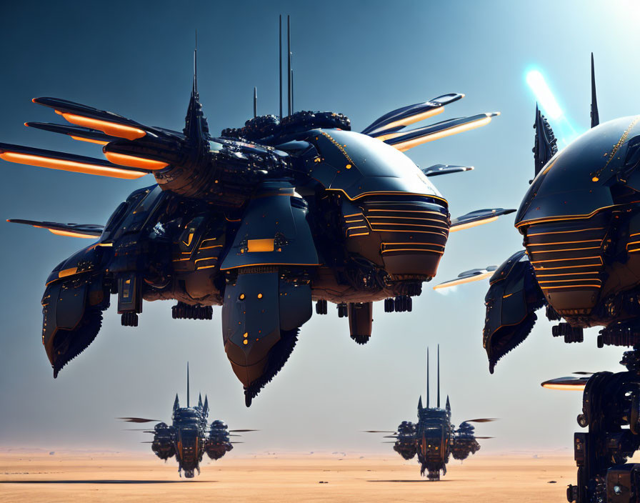 Futuristic ships with orange and blue thrusters over desert landscape