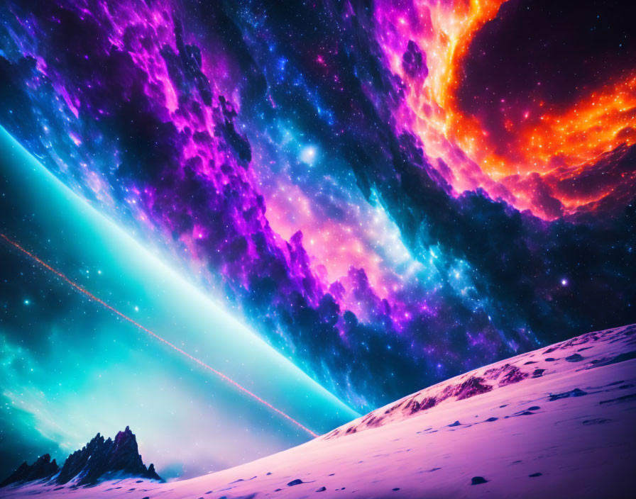 Colorful cosmic sky over snowy mountains at night