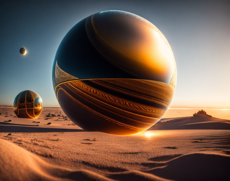 Surreal landscape with glossy spheres in desert sunset