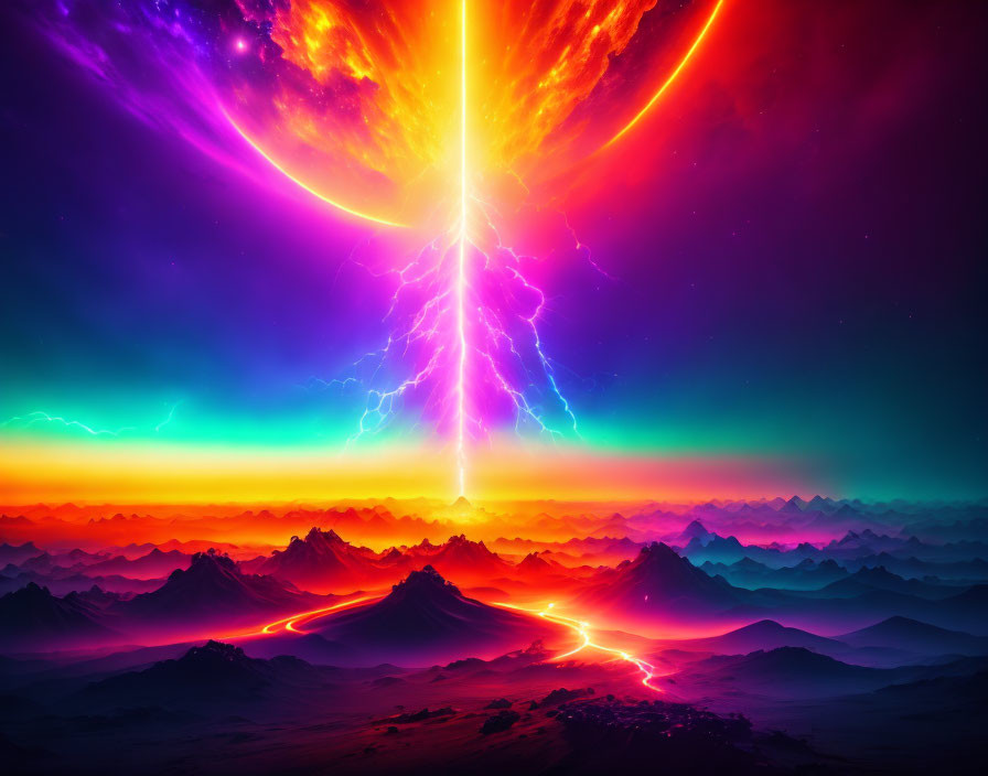 Colorful digital artwork: Energy beam hits mountains in surreal sky