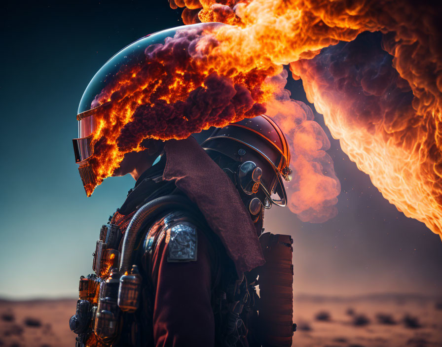 Astronaut with fiery explosion in helmet on orange landscape