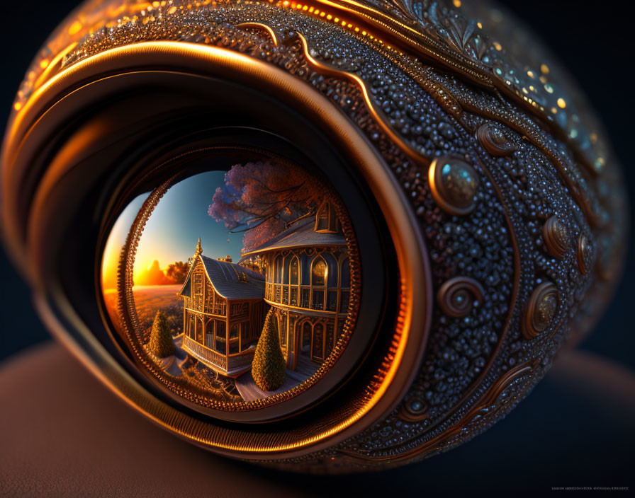 Fractal orb frames Victorian house at sunset with intricate patterns