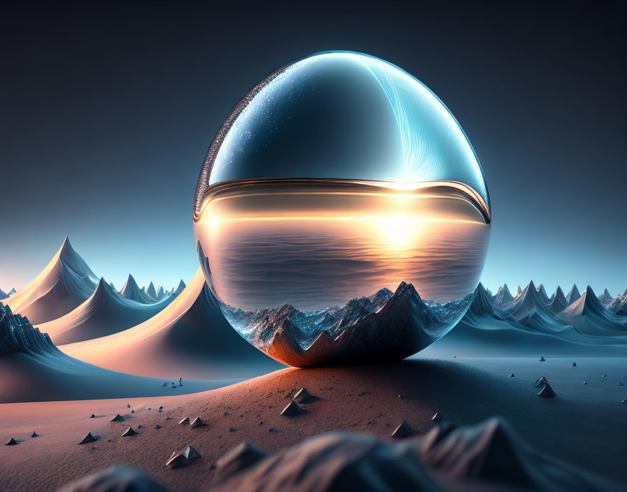 Reflective sphere in surreal landscape with ocean and desert peaks