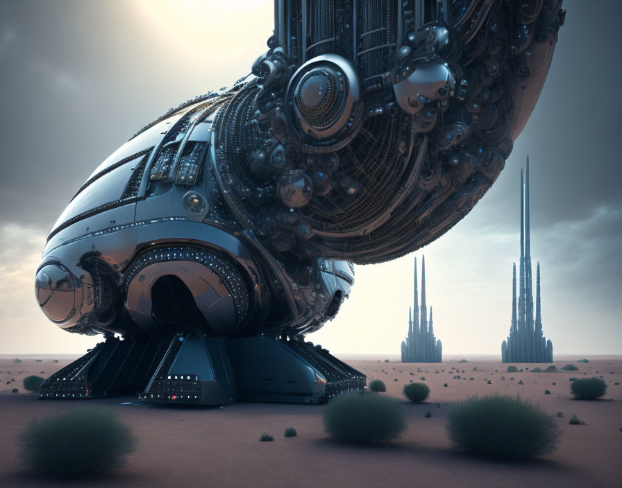 Intricately designed futuristic spaceship on barren desert landscape