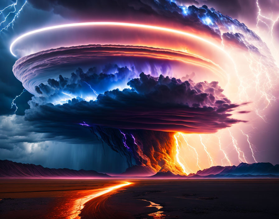 Supercell Thunderstorm with Lightning Bolts Striking Over Desolate Landscape